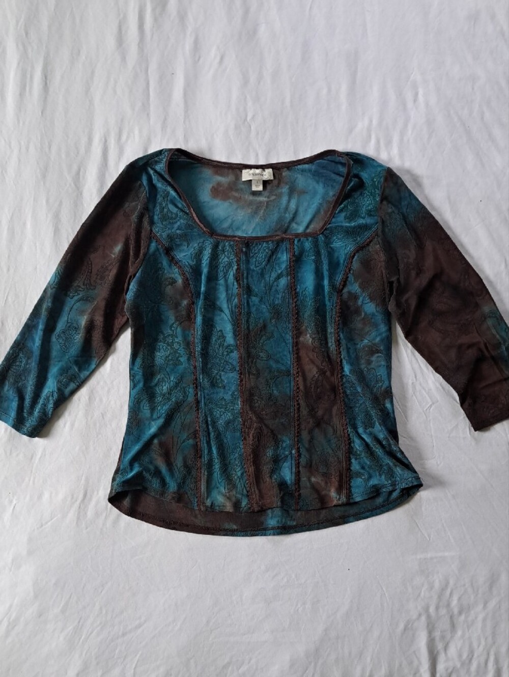 ​VTG Dressbarn Whimsigoth Teal Brown Floral Burnout Velvet Mesh Top L